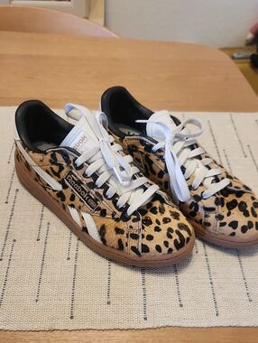 Reebok Leopard-Print Low Top Sneakers in Tan, Black & White